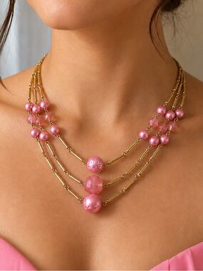 Vintage Pink Beaded Gold Chain Layered Necklace